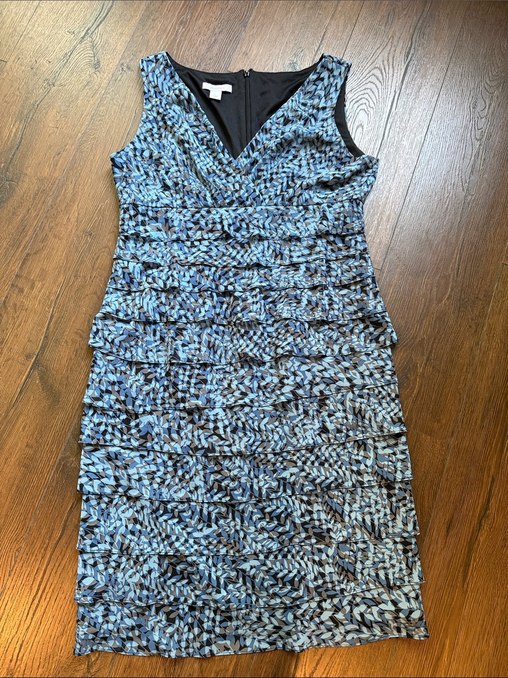 dressbarn Blue and Black Leaf-Print Sleeveless V-Neck Layered Dress